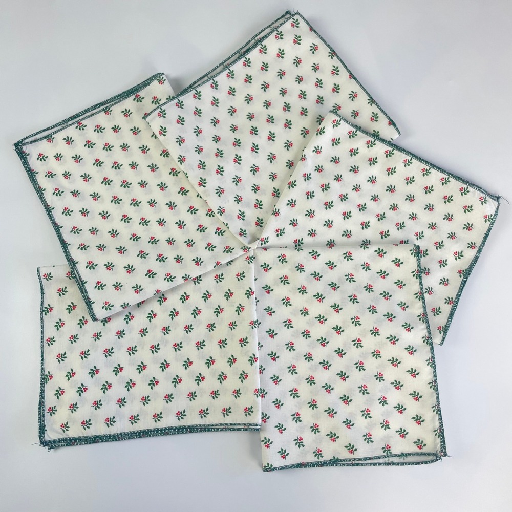 Vintage Christmas Napkins Holly Cloth‎ Set of 5 White FLAWS Holiday Handmade